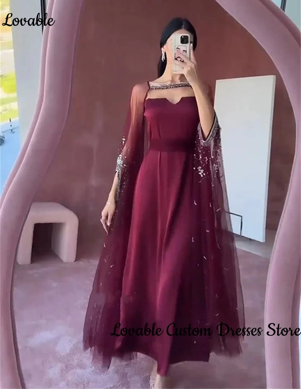 

Customized Saudi Arabian Classic Exquisite Formal Evening Square Collar A-Line Tulle Beading S Bespoke Occasion Dresses