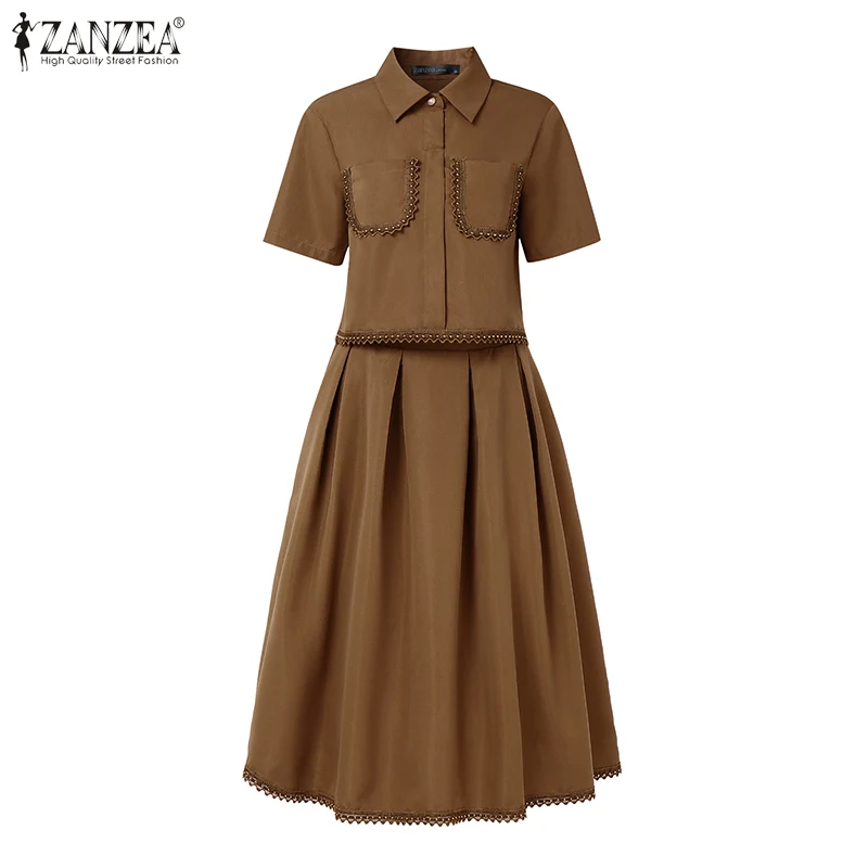 ZANZEA Elegant Lace Trim 2-Pieces Skirt Sets Women's Short Sleeve Crop Tops & A-Line Midi Skirts Matching Sets Outfits S-3XL - view 4