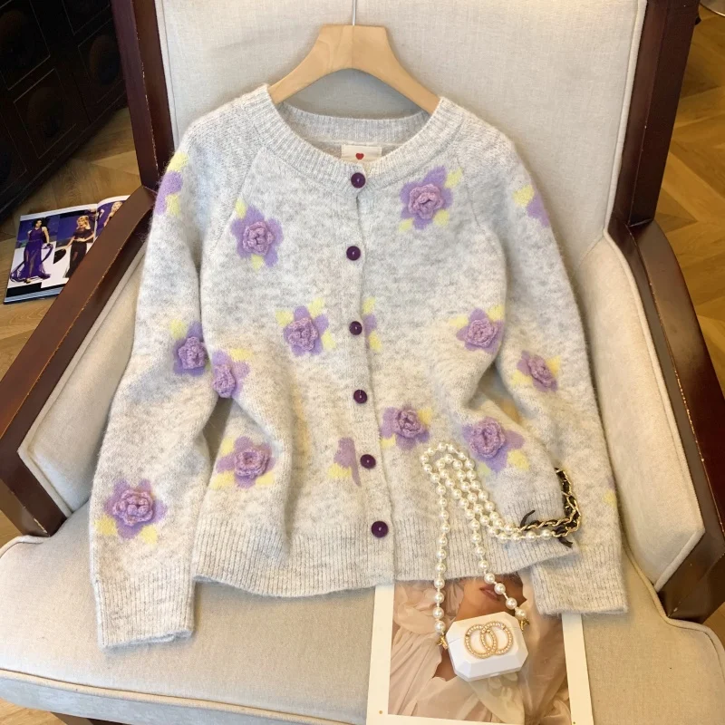 Maglione cardigan lavorato a maglia gotico nero da donna maglione vintage anni 2000 Y2k maniche lunghe maglione di cashmere fiore 3D abiti autunno inverno