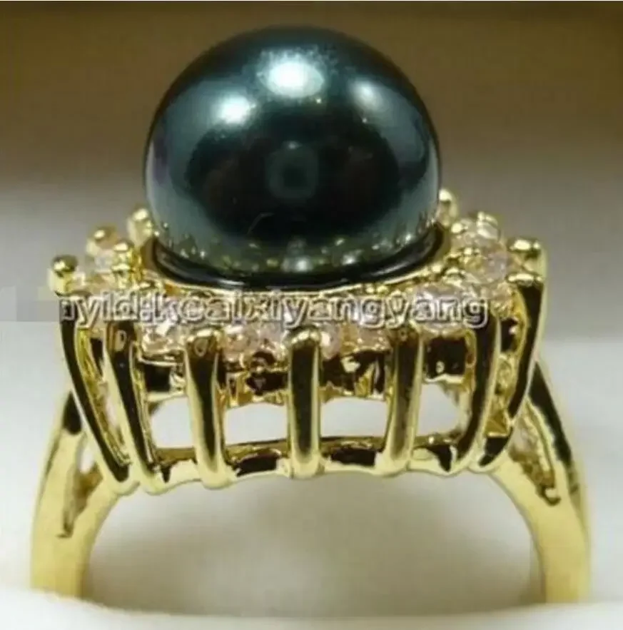 Fashion jewelry   yellow gold plate black shell pearl cz ring size 6 7 8 9