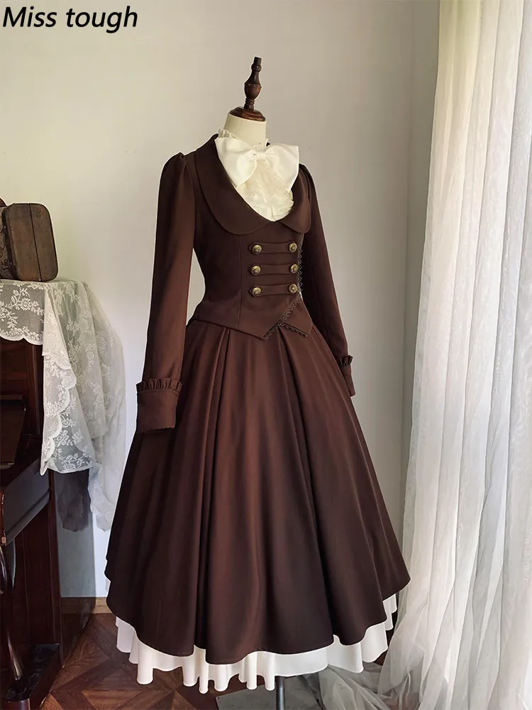 Herbst-Winter Gothic Vintage Lolita Damen 2-teiliges Set, doppelreihiger Mantel, Oberteil + brauner Rock, Subkultur-Cosplay, französische Outfits