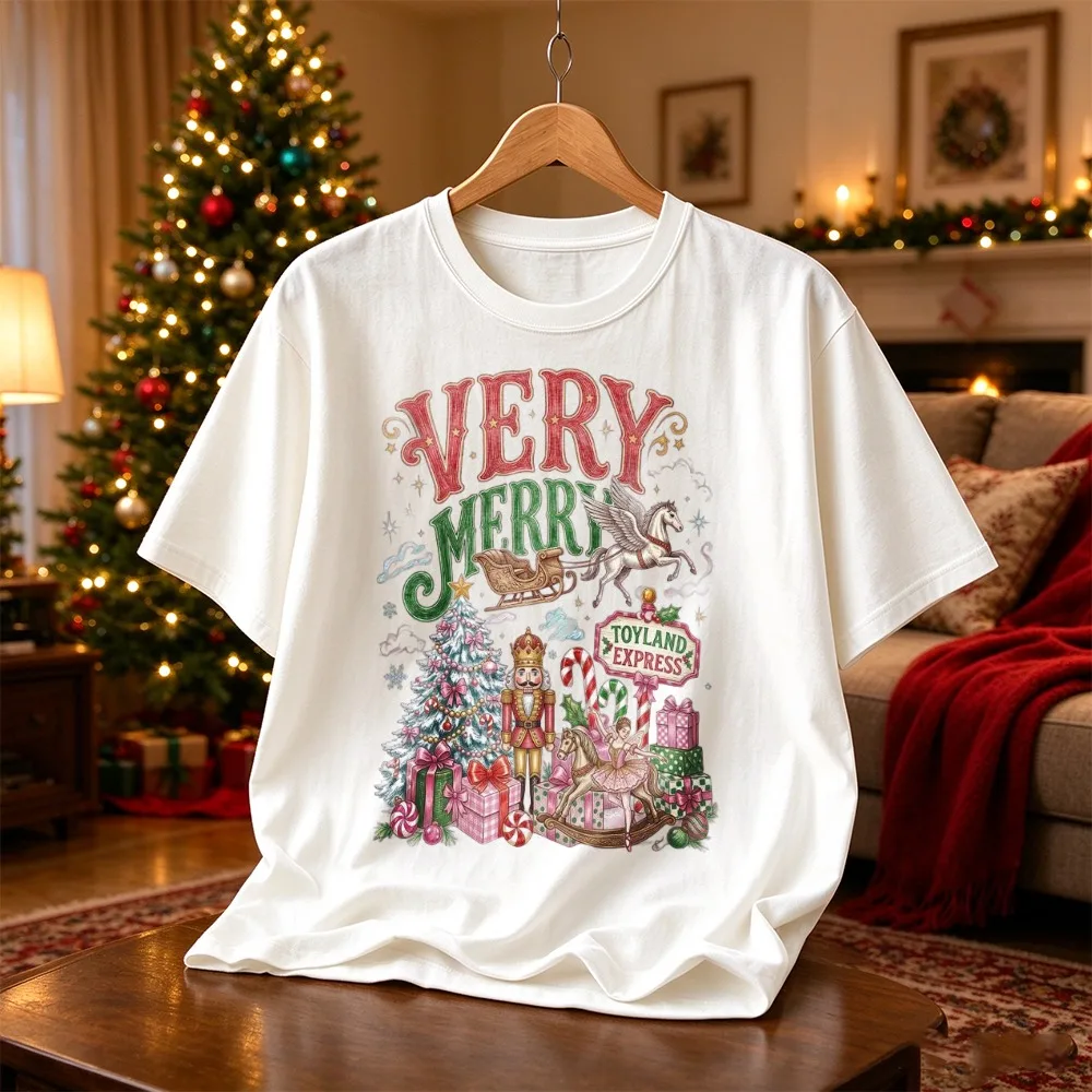 Very Merry Toyland Express Graphic Tee Nutcracker Christmas Tree Candy Cane Pegasus Rocking Horse Gift  Xmas Holiday Casual Tops