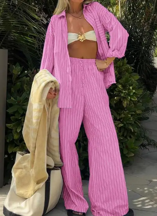 

2025 Two Piece Women's Fashion Latest Hot Selling Casual Vacation Striped Long Sleeved Pants Set for Women's Clothing In Autumn