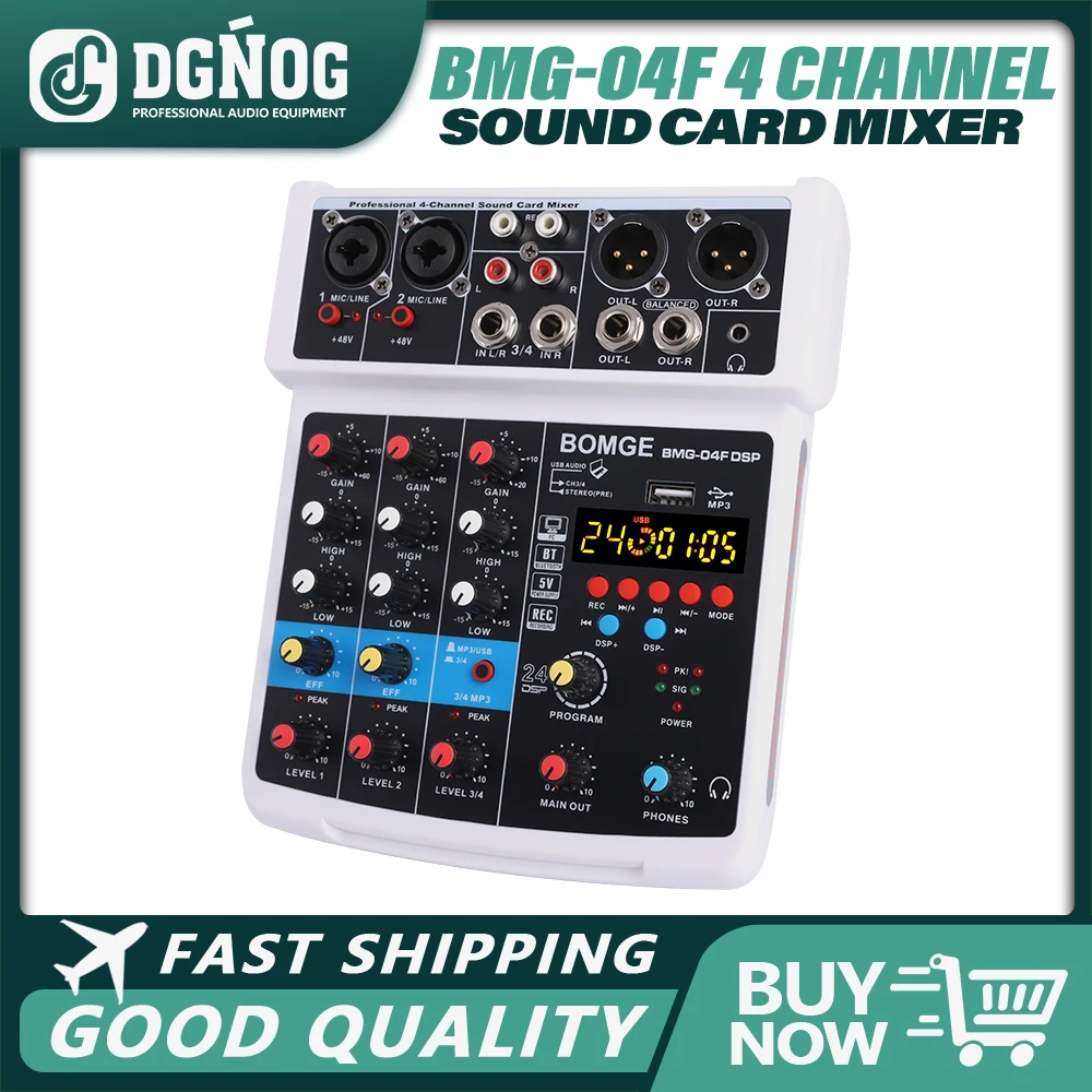 DJ Mixing Console 4 Channel Sound Mixer With 24 Echo DSP Bluetooth 48V Phantom Power Monitor Karaoke System 5V USB Mixer Audio