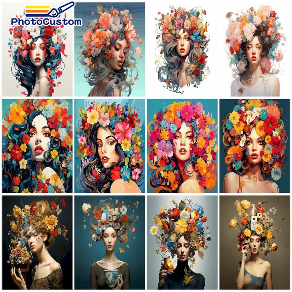 

PhotoCustom 60x75cm Paint By Numbers Flower Women Kits For Adults Frameless Oil Painting By Numbers Figure On Canvas DIY Paintin