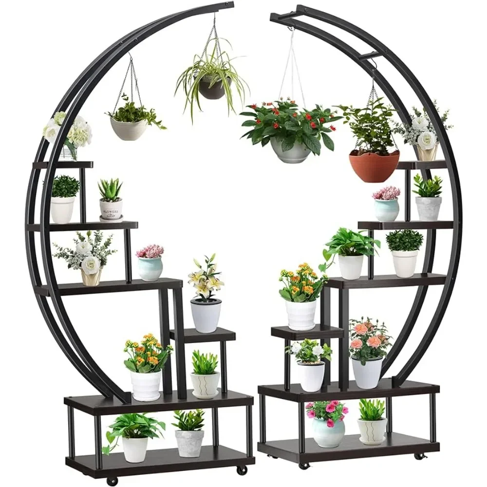 2 Pcs 6 Tier Tall Metal Indoor Plant Stand with Detachable Wheels, Half-Moon-Shaped Plant Shelf Holder for Outdoor