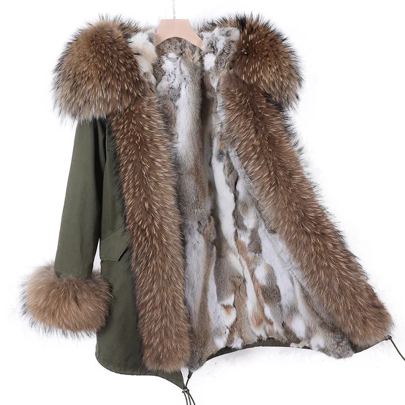 Maomaokong 2023 réel naturel raton laveur grand col de fourrure de renard Parkas longue femme hiver doublure de lapin veste intérieure manteau de fourrure vêtements d'extérieur