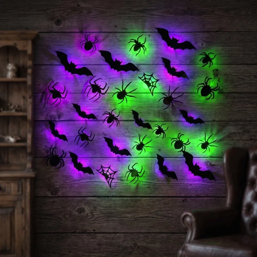 3D Bat LED Glow Wall Stickers Purple Green Lights Waterproof Halloween Spider Atmosphere Lamp Lighted Stickers Glow in The Dark view 3