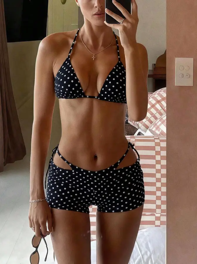 3pcs Polka Dot Print Bikini Top With Shorts Solid Color Female Biquini Sexy Lace-up Swim Wear Woman Swimsuit 2026 New Fashion