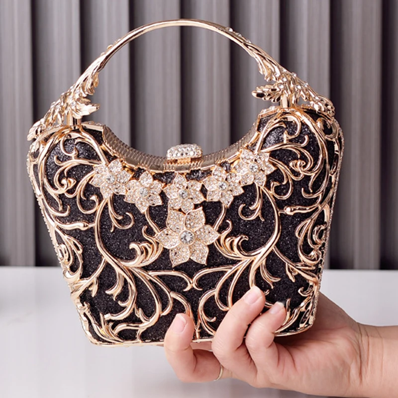 

Fashionable and luxurious black dinner handbag, women's hollowed out party, shiny wedding banquet handbag, shoulder bag