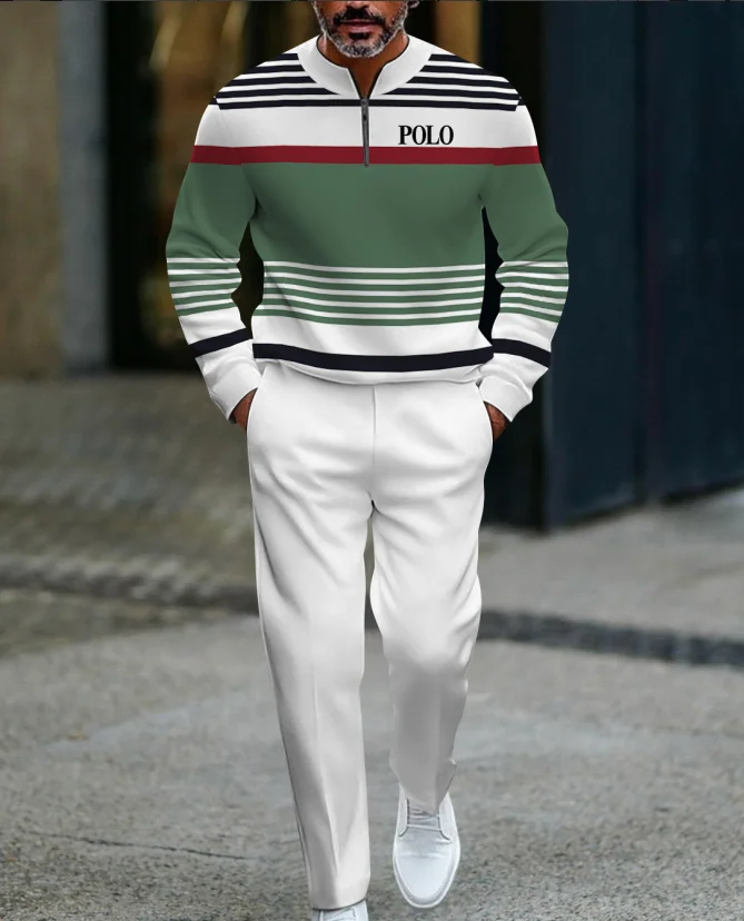 

New Style Stitching Strips 3D Printing Half-open Placket Zipper Men's Long-sleeved Trousers Sports Leisure Suit