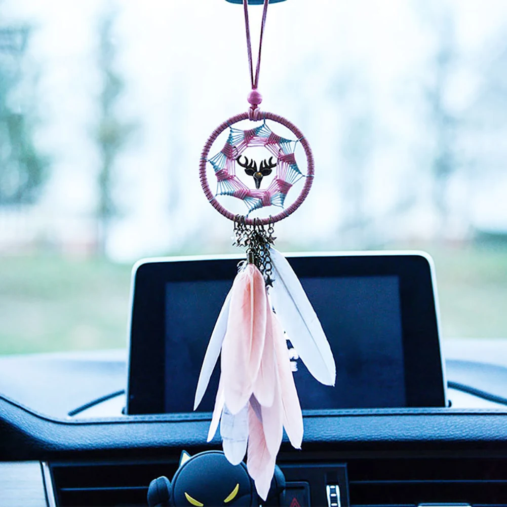 Mini Dream Catcher Car Pendant Accessories Interior For Girls Feather Mirror Hanging Pendant Home Decor Lucky Car Ornament Gifts