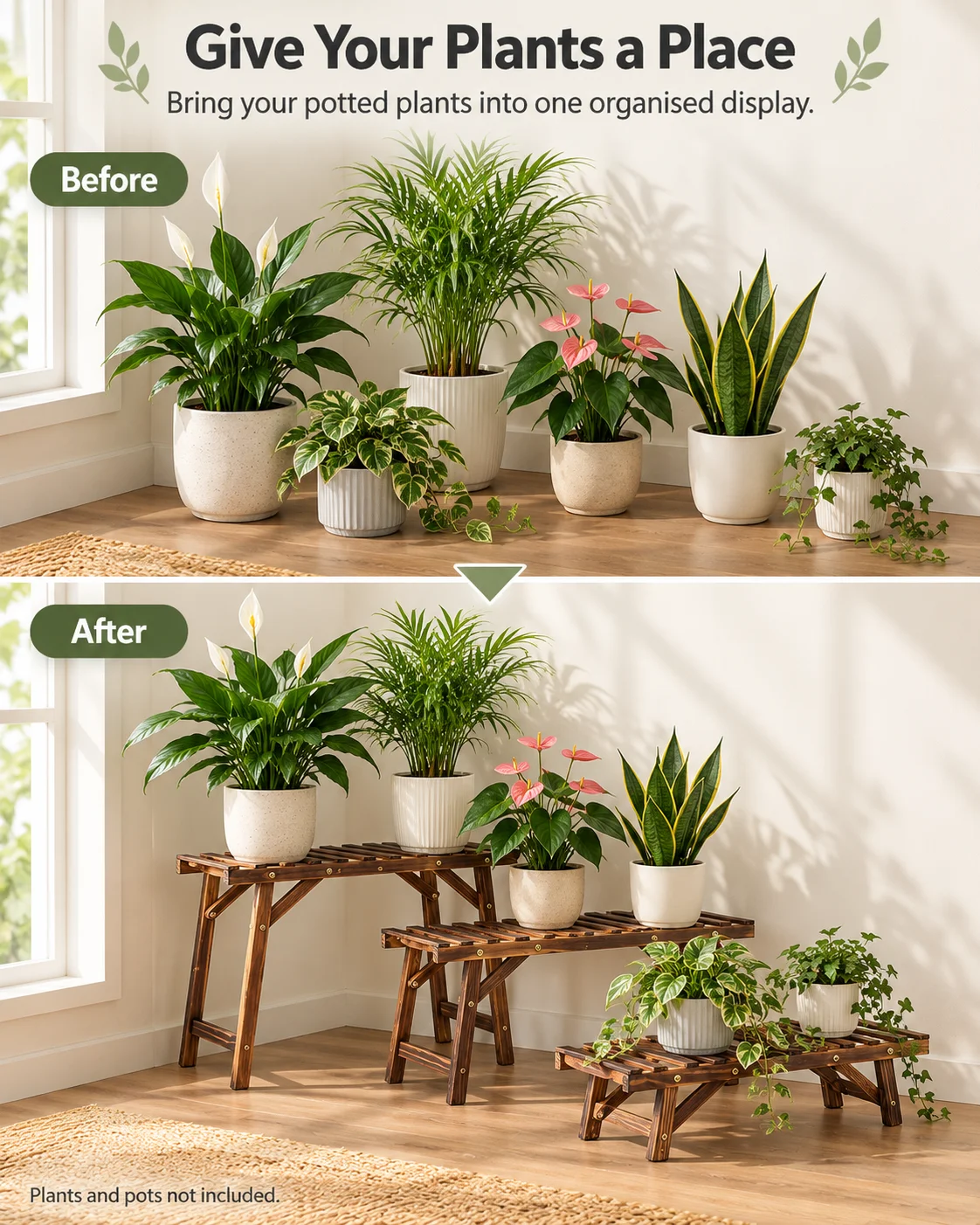 3 Pack Wooden Plant Stands Pine Wood Plant Shelf Set 70cm Wide Freestanding Flower Pot Display for Living Room Balcony