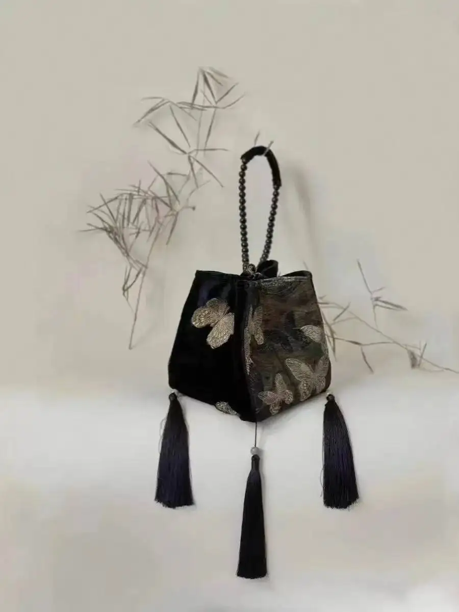 Bloom Chinese Style Black Bucket Women Butterfly Embroidery Casual Messenger Bag Female Fairycore Aesthetic Handbag Chic