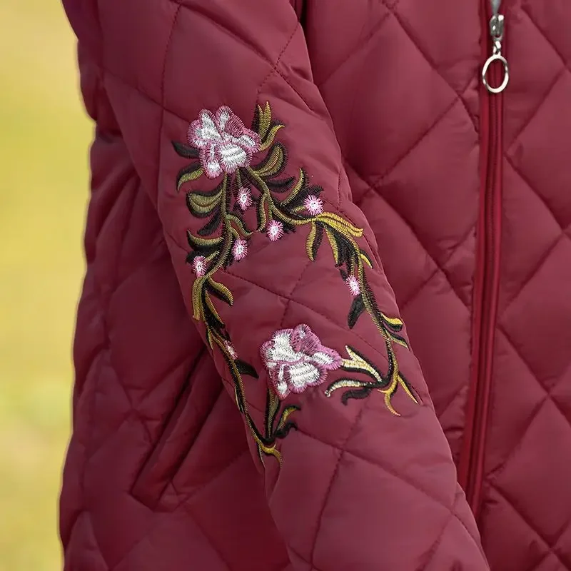 Embroidery Winter Hooded Cotton Jacket Women Parkas Fleece Lining Warm Long Sleeve Thicker Short Top Outerwear Slim Coat New