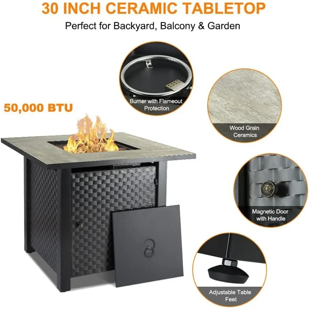 Propane Fire Pit Table, Outdoor Gas Fire Pit with Lid, Lava Rocks, Ceramic Tabletop, 50,000 BTU Adjustable Flame, Auto Ignition