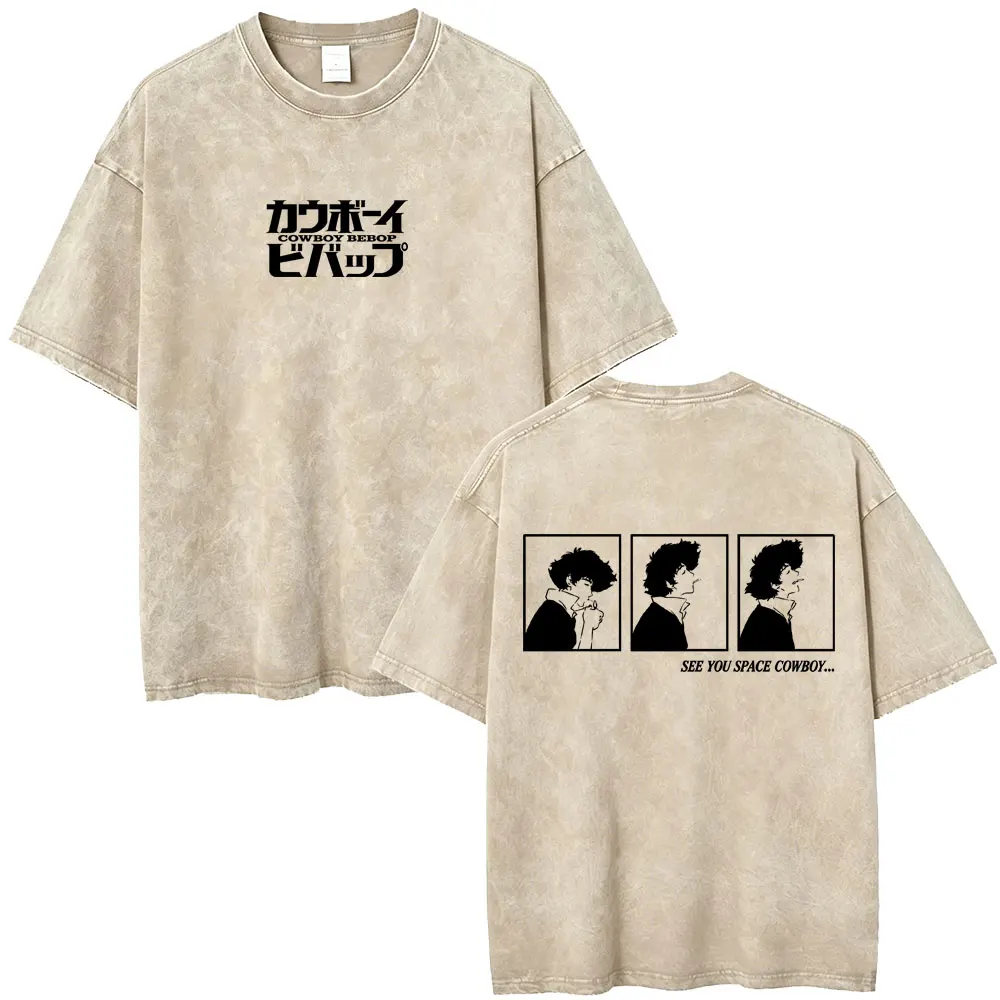 Anime Cowboy Bebop Vintage Washed T-shirt Manga Spike Spiegel Whatever Happens Happens T-shirts Retro