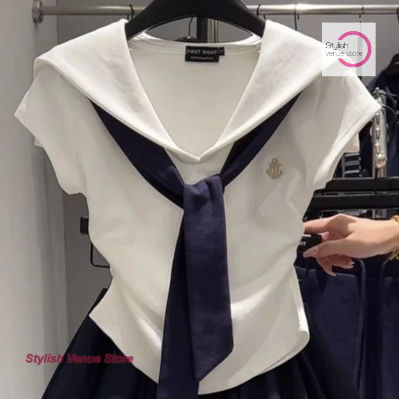 Korean academic temperament contrast navy collar short sleeve T-shirt female summer new slim casual fashion Joker slim top.
