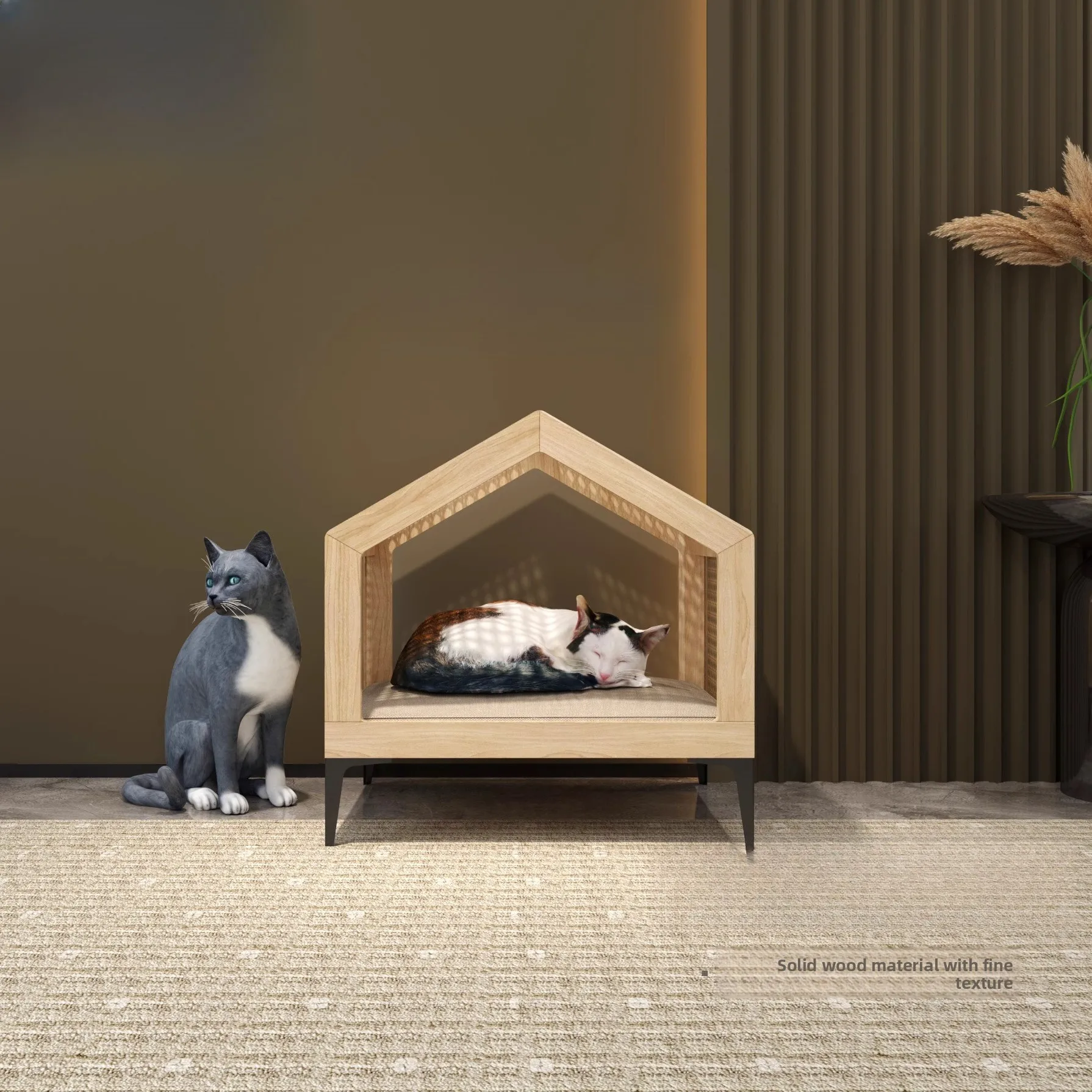 

Summer rattan cat nest climbing frame, solid wood semi-closed security house dog pet bed in the ancient style