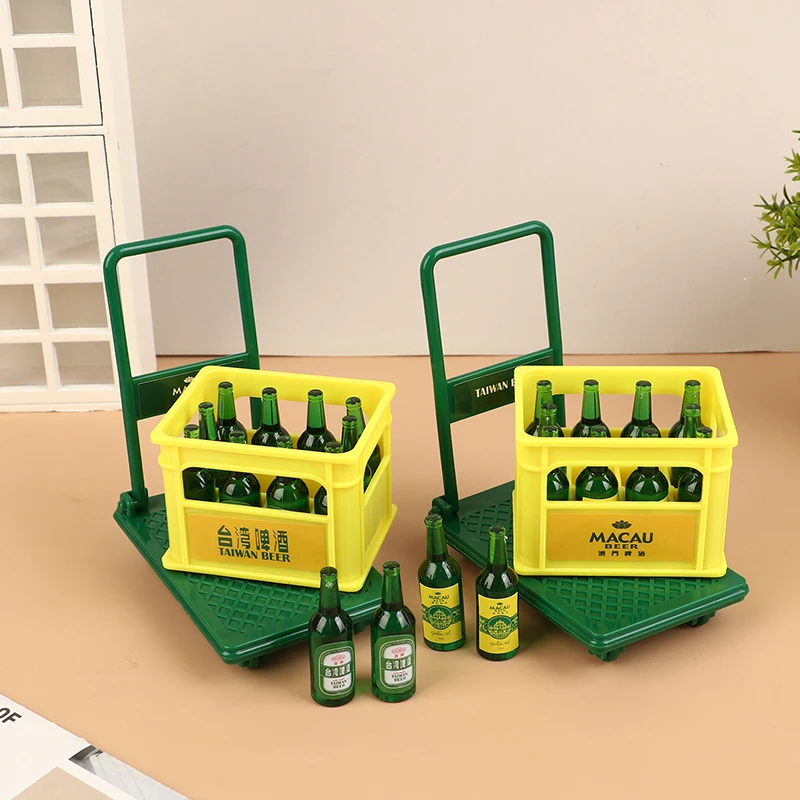 Mini Simulation Beer Drinks with Basket & Trolley Cart 1/12 Scale Mini Furniture Ornaments DIY Desktop Decor