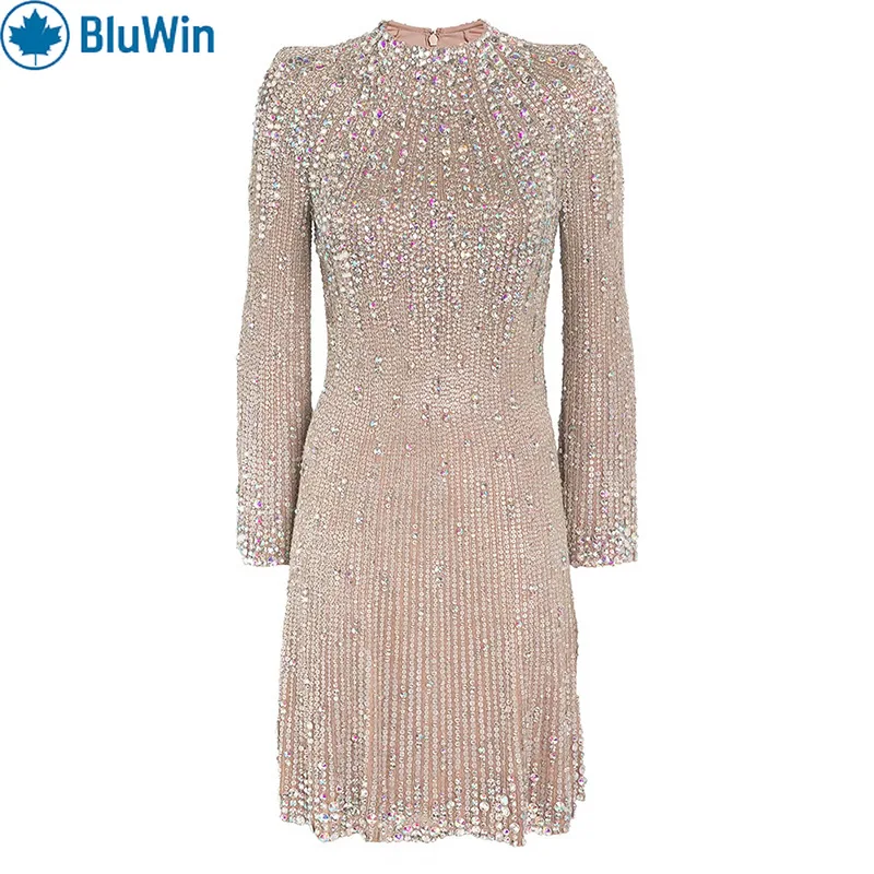 

BluWin Glitter Sequin Mini Dress Women Long Sleeve High Neck Champagne Beaded A Line Party Cocktail
