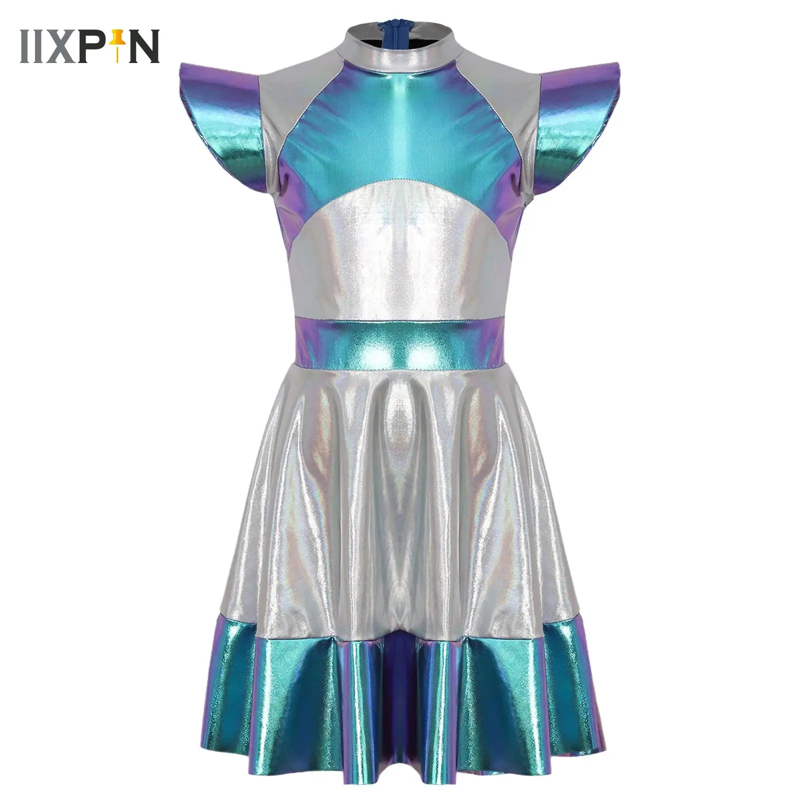 

Womens Outer Space Fighter Alien Costume Cap Sleeve Metallic Shiny Robot Dress Halloween Astronaut Cosplay Dress-up Outfits