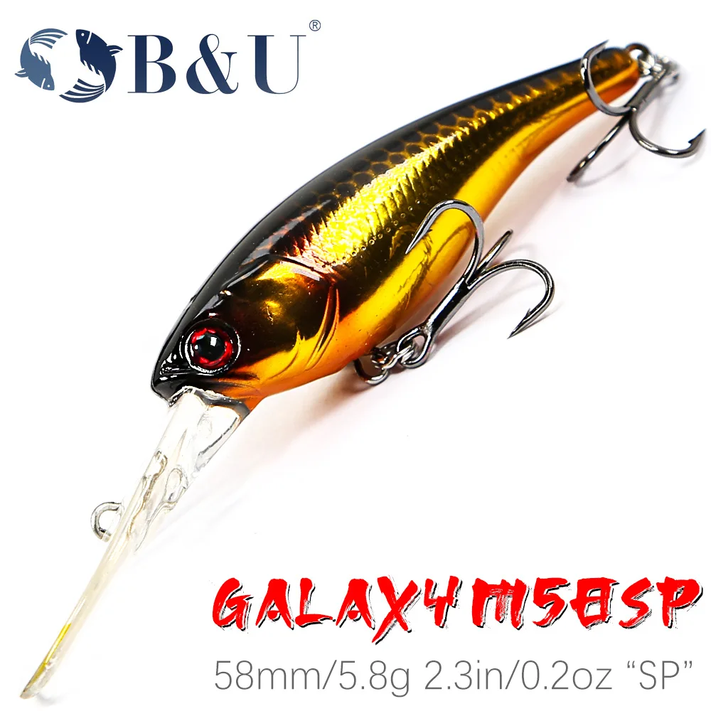 B & U 58mm sistem berat casting panjang umpan pancing atas umpan keras Minnow engkol Wobbler kualitas kait Tackle SP