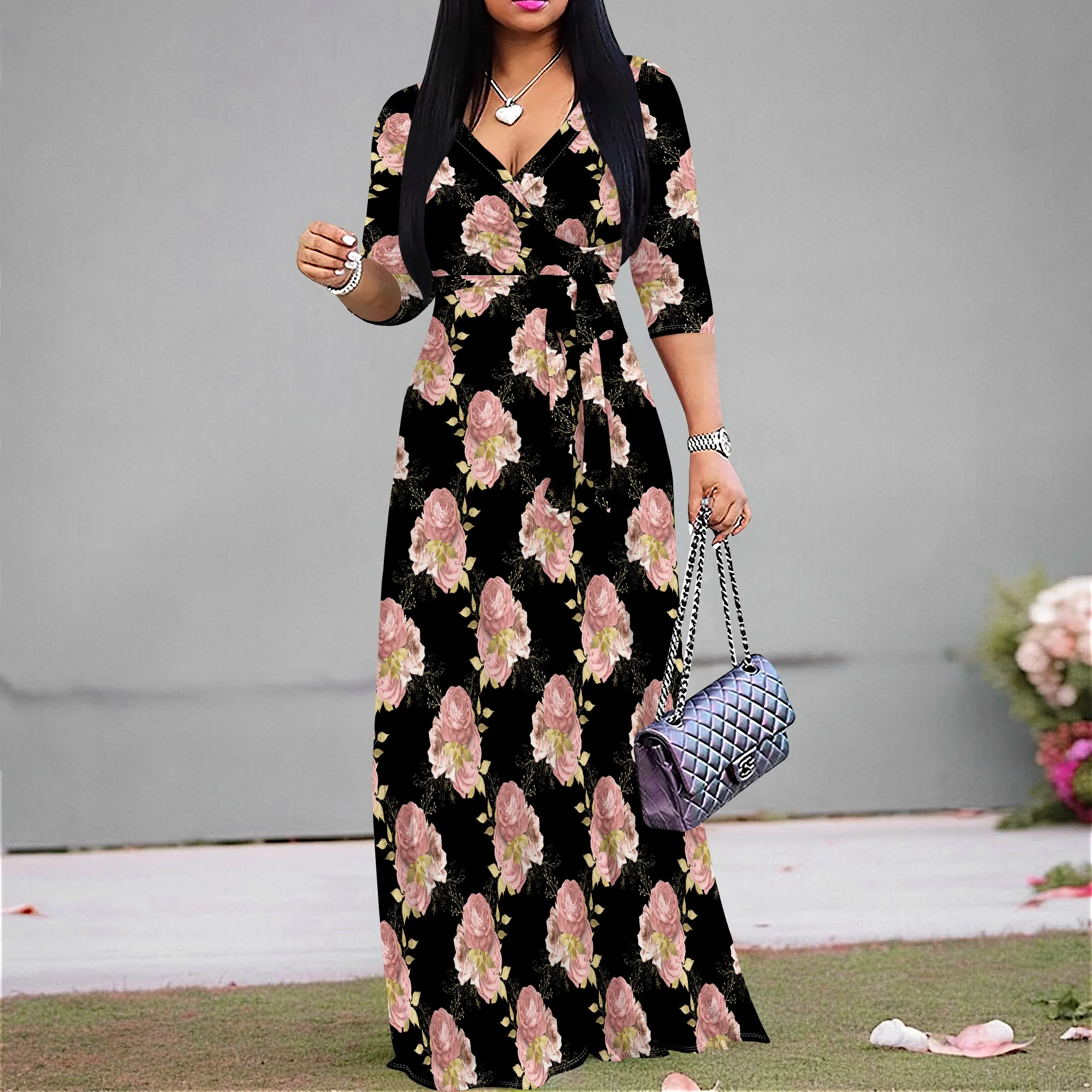 

Vintage Rose Print Wrap Maxi Dress S-3XL Elegant Floral Dress for Church, Dinner or Garden Party Look