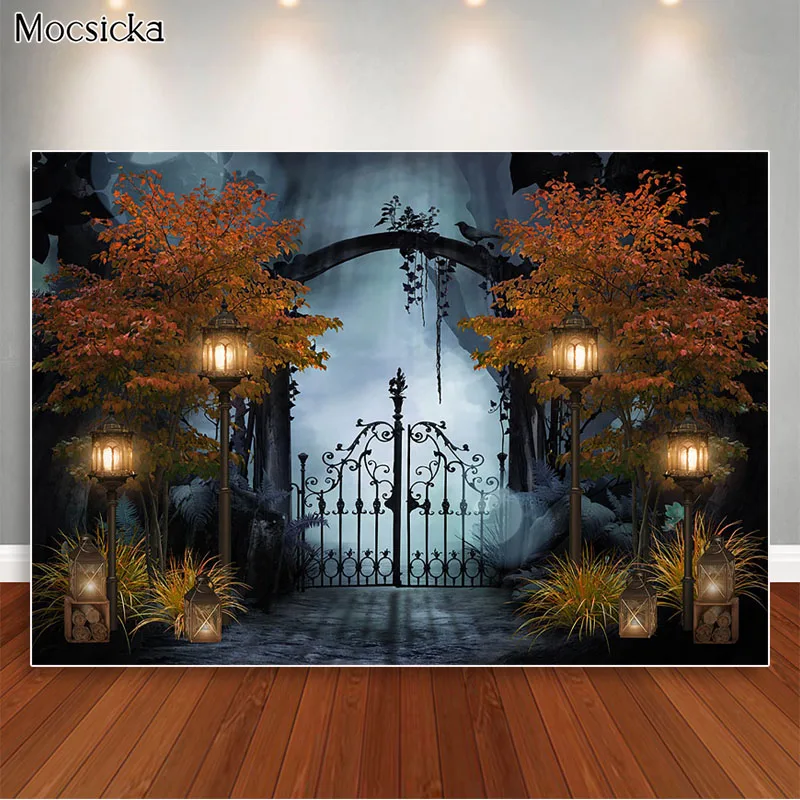 Halloween Scary Castle Photoshoot Backdrop Child Portrait Backgrounds for Photography Studio Ancient Iron Gate Lantern   Decor