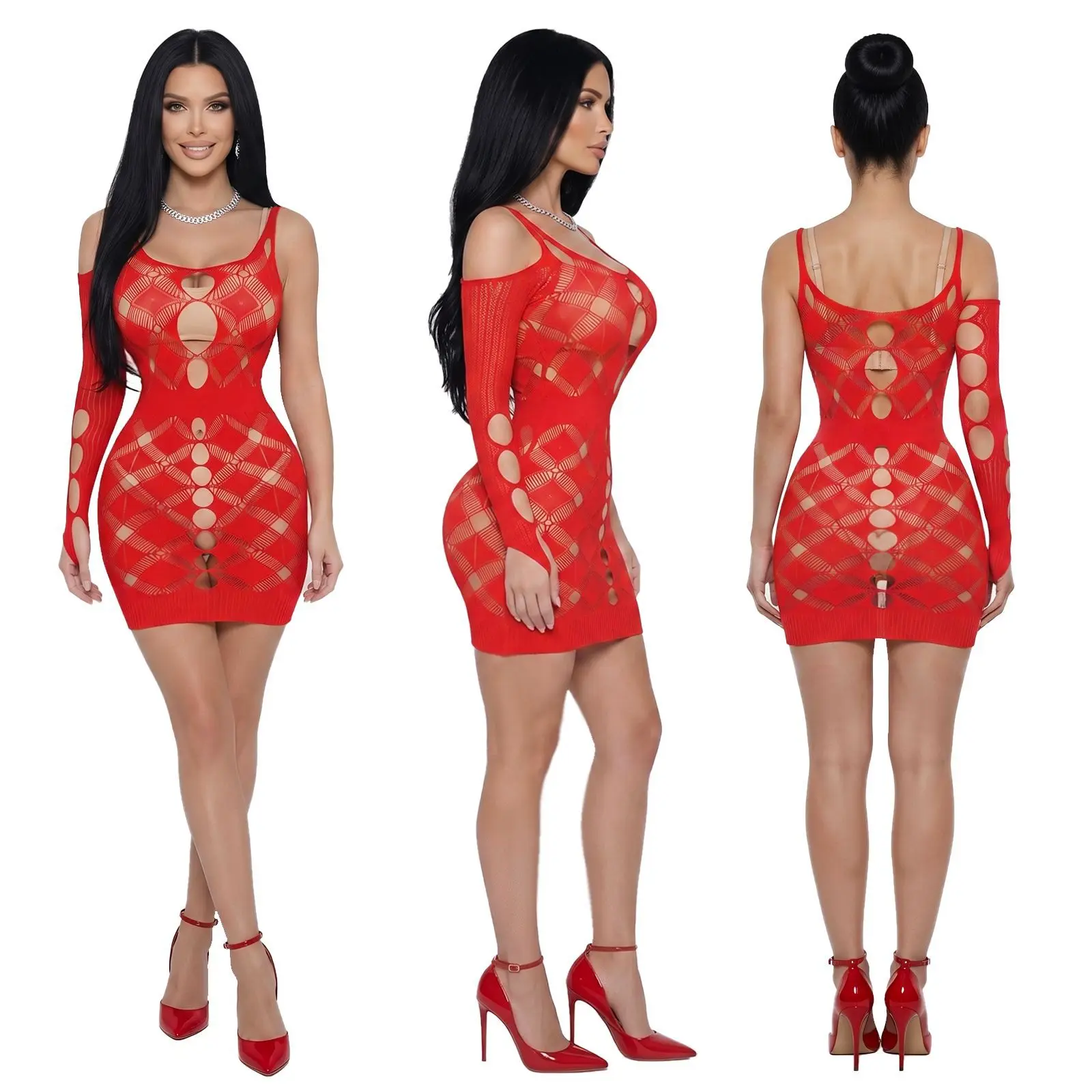 Women Plus Size Rhombus Fishnet Bodysuit High Stretch Sexy Christmas Hollow Out Mesh Lingerie Bikini Cover Up Summer Beach