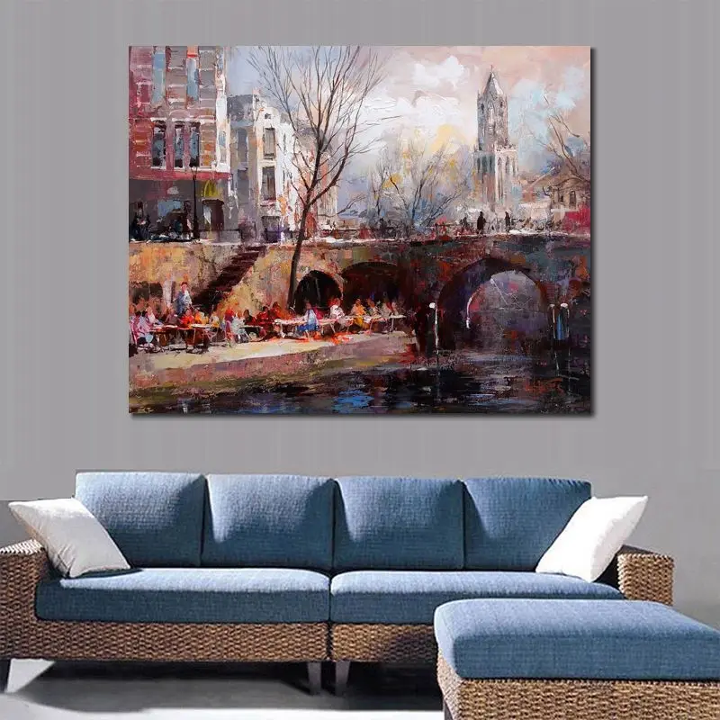 Contemporary Landscape Canvas Art City Utrecht Handmade Textured Modern Painting Cityscape Abstract Artwork Living Room Decor