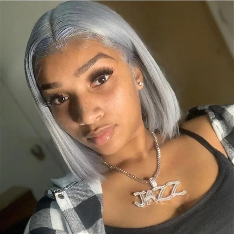 Gray Bob Wig Straight Silver Gray13*4 Lace Front Wigs Preplucked 4*4 Lace Closure Human Hair Wigs Transparent 13x4 Lace Bob Wigs