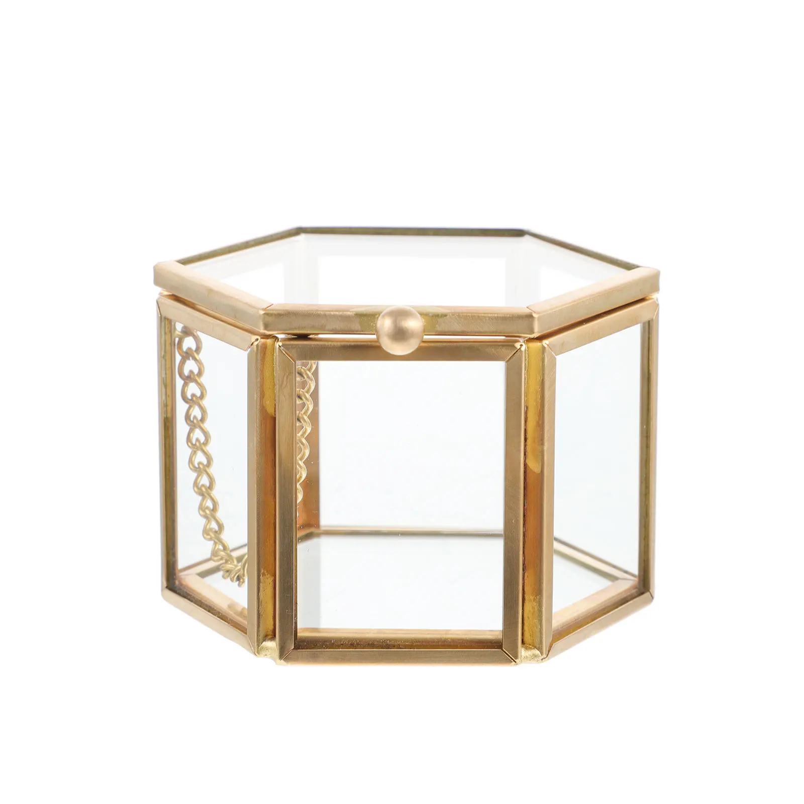 1Pcs Glass Brass Hexagonal Transparent Jewelry Box Vintage Style Wedding Ring Holder Jewelry Storage Organizer Gift