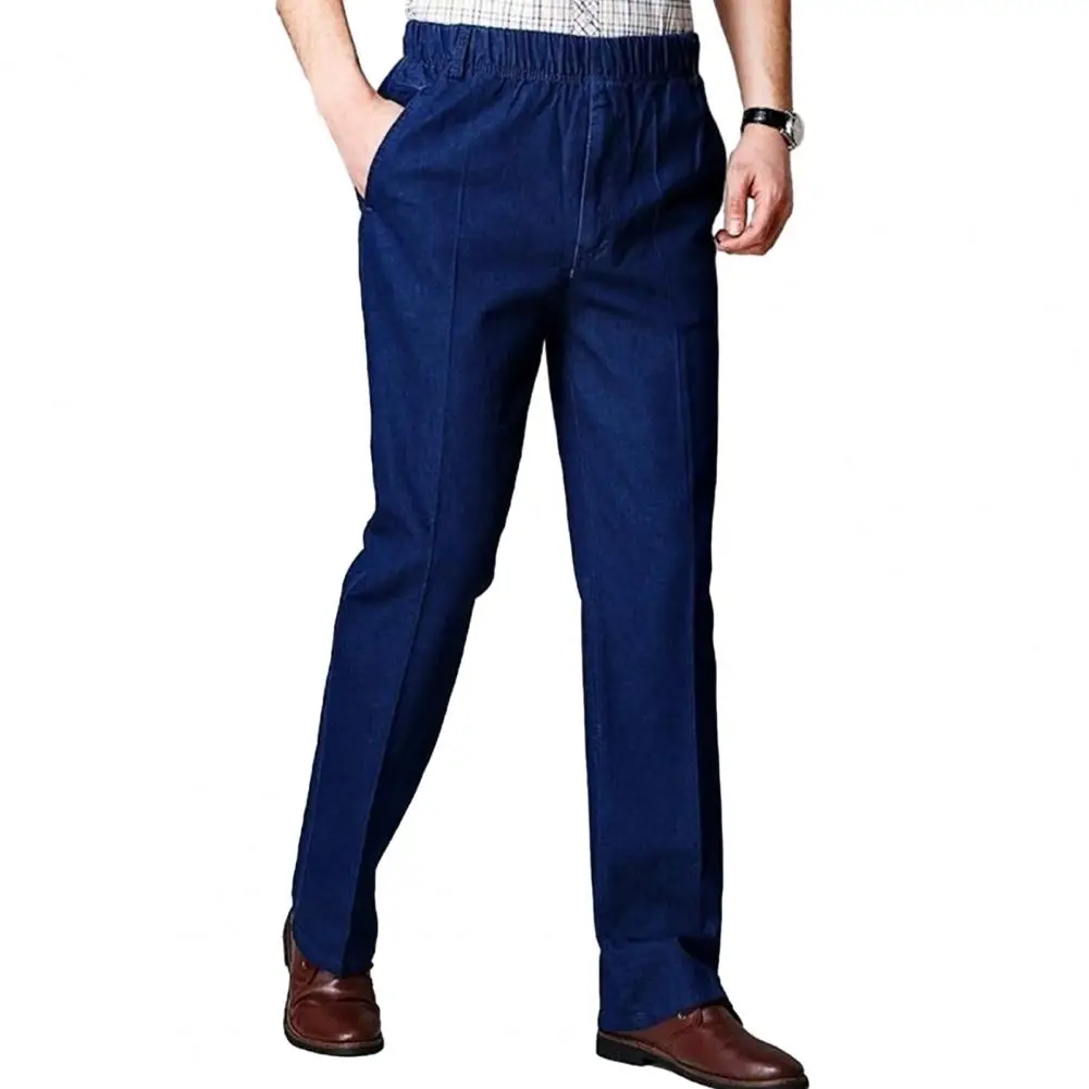 Мягкие эластичные мужские джинсы, удобные мужские джинсы, облегающие джинсы среднего возраста для отца с эластичным поясом и карманами с высокой талией для комфорта