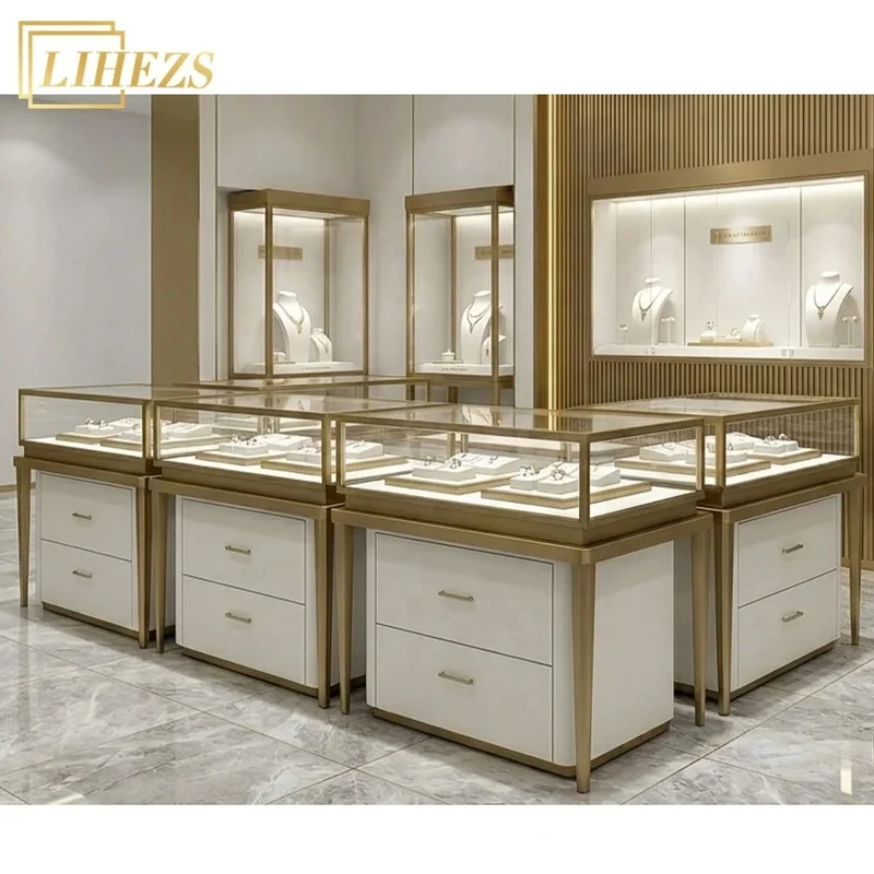 custom.Contemporary Tempered Glass Jewellery Display Counter Showcase with LED Lighting Eco-Friendly Jewelry Stores