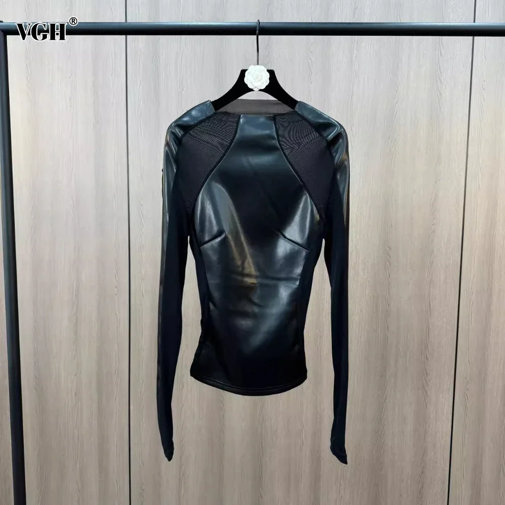 VGH Dark Spliced Leather Sllimming T Shirt for Women O Neck Long Sleeve Patchwork Mesh Design Sexy Club Tees Female Clothing New