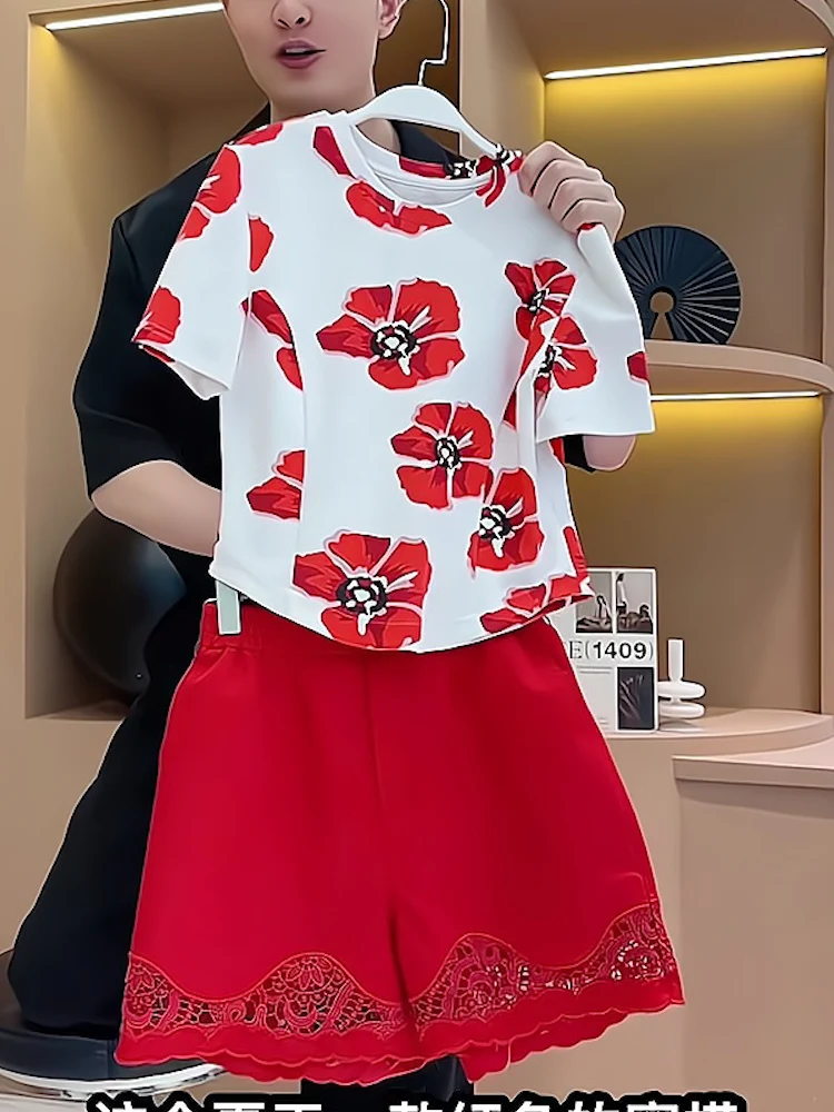 Estilo coreano casual idade reduzindo shorts conjunto feminino primavera e verão impresso em torno do pescoço branco camiseta conjunto de duas peças