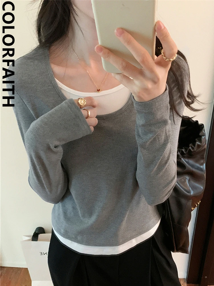 Colorfaith SW7706 New 2024 Slim Vintage Fake Two Pieces Striped Chic Korean Fashion Knitted Women Sweaters Spring Winter Tops