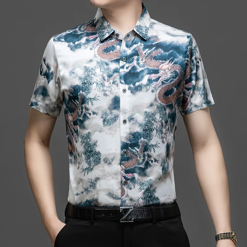 

Men's Traditional Dragon Pattern Silk Tops 2024 Summer Fashion Printing Soft Smooth Shirt Short Sleeve Satin Silk Clothes