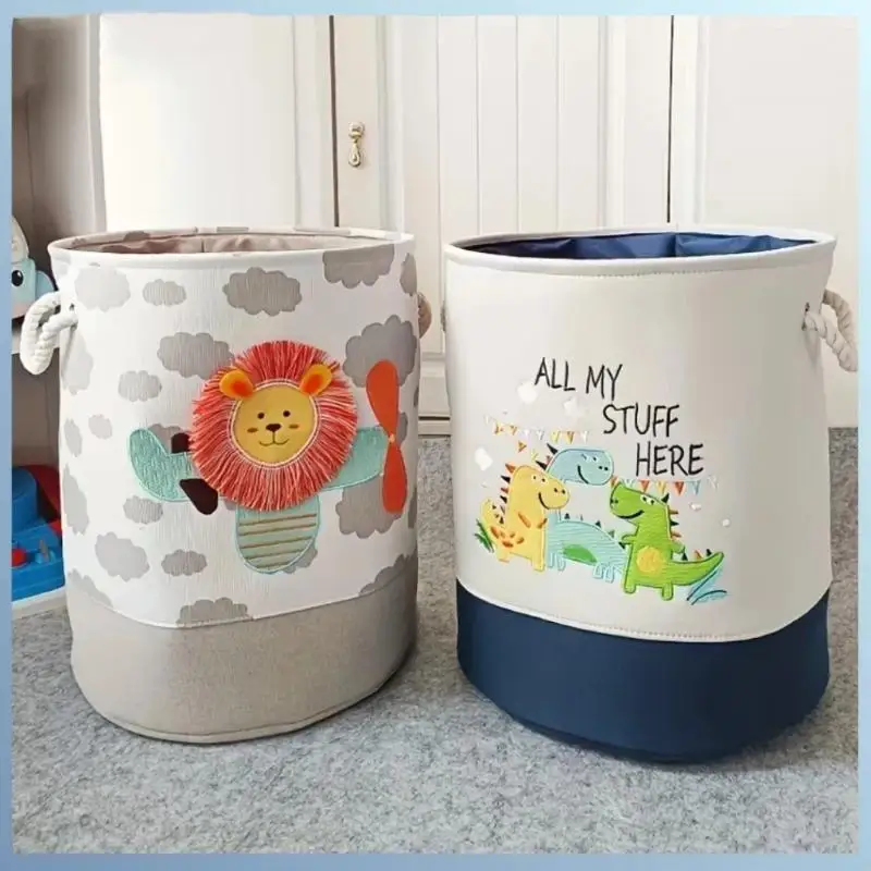 Cute Cartoon Embroidered Storage Baskets Large Capacity Stackable Design For Nursery Organizing Toys Clothes