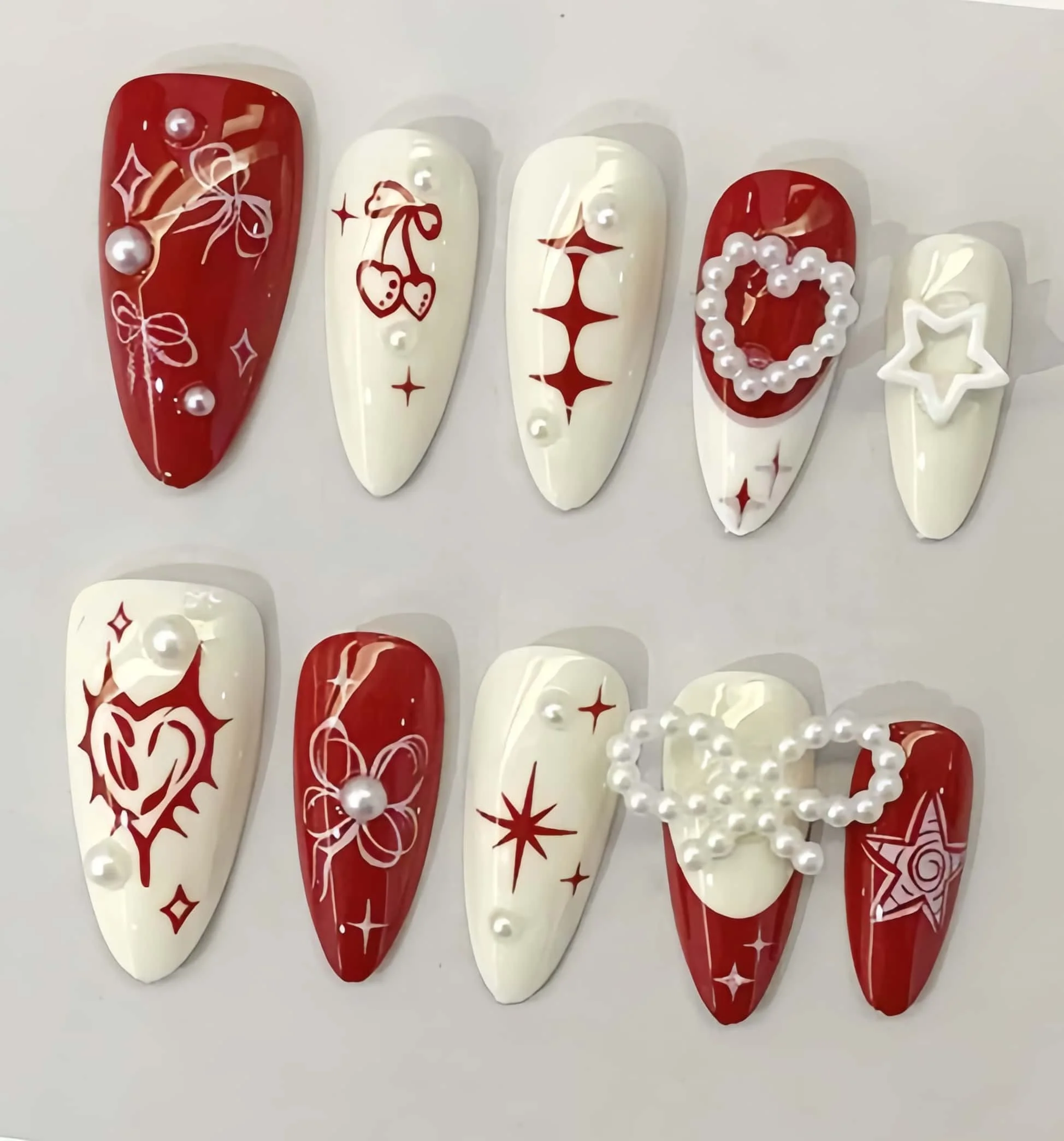 10 Pieces of Handmade Almond-Shaped Full-Cover Nail Tips, Extra Long Length, Red and Milky White Color Combination, Y2K Sweet and Cool Girl Style, Suitable for Women and Girls, for Holiday Outings, Photo Shoots, and Girls' Gatherings, Ideal as a Gift, Includes 1 Piece of Jelly Glue and 1 Nail File