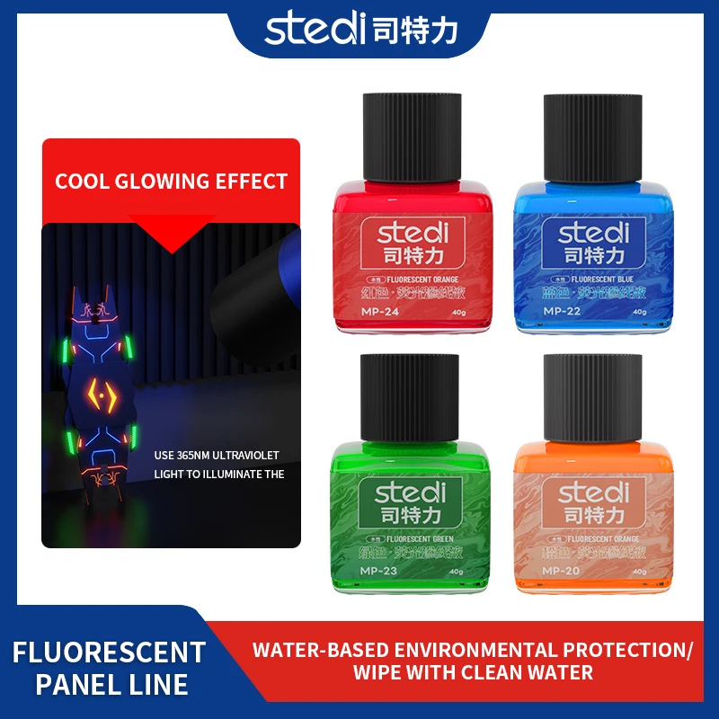 

stedi Water-based Fluorescent Panel Line Reveals colour under UV light Canbe wiped clean with water Enhanced three-dimensional