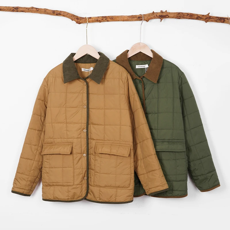 

Женская стеганая куртка с вельветовым воротником в стиле ретро, новая легкая теплая зимняя куртка в британском стиле с длинными рукавами, ropa de mujer