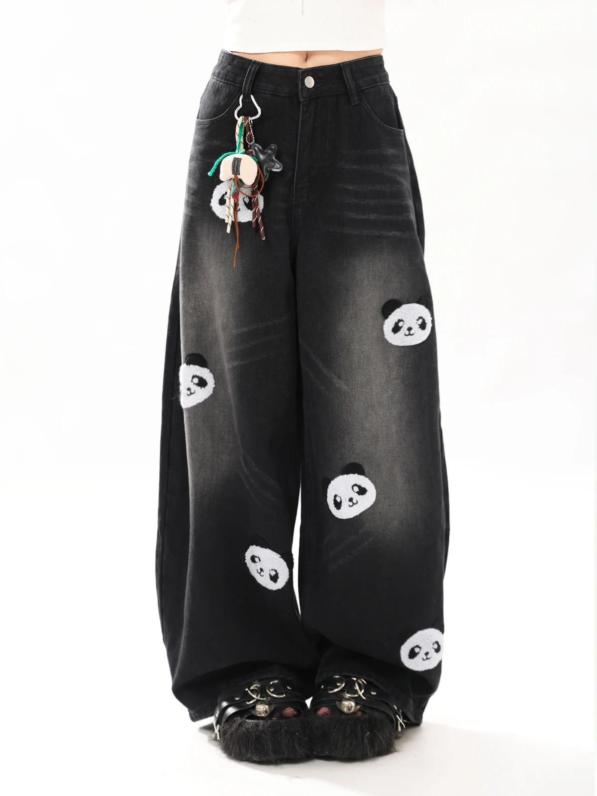 

Джинсы ENJOG Waed Fce Panda с подвеской, свободного прямого кроя, женские, новый дизайн, повседневные осенние джинсы, застежка на пуговицах на талии