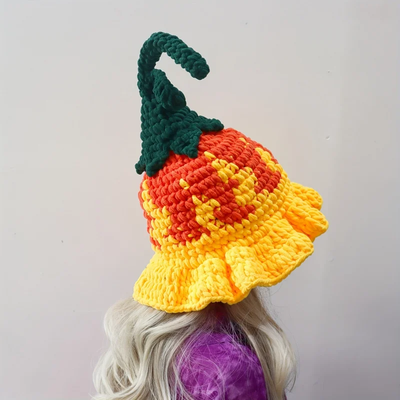 Women Rolled Brim Floral Hand-Crocheted Wizard Hat Soft and Warm Halloween Magic Theme Party Headwear