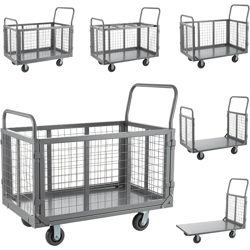 

Platform Truck Cart with Cage, 5 in 1 Heavy Duty Platform Carts with Cage 2000 LBS Capacity Foldable Push Cart Dolly