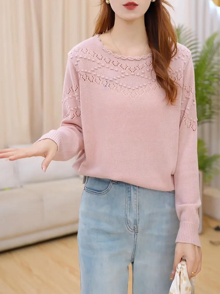 

Розовый вязаный ажурный свитер-топ для женщин больших размеров, универсальный, стройнящий, в корейском стиле, повседневный, удобный, из смесовой шерсти