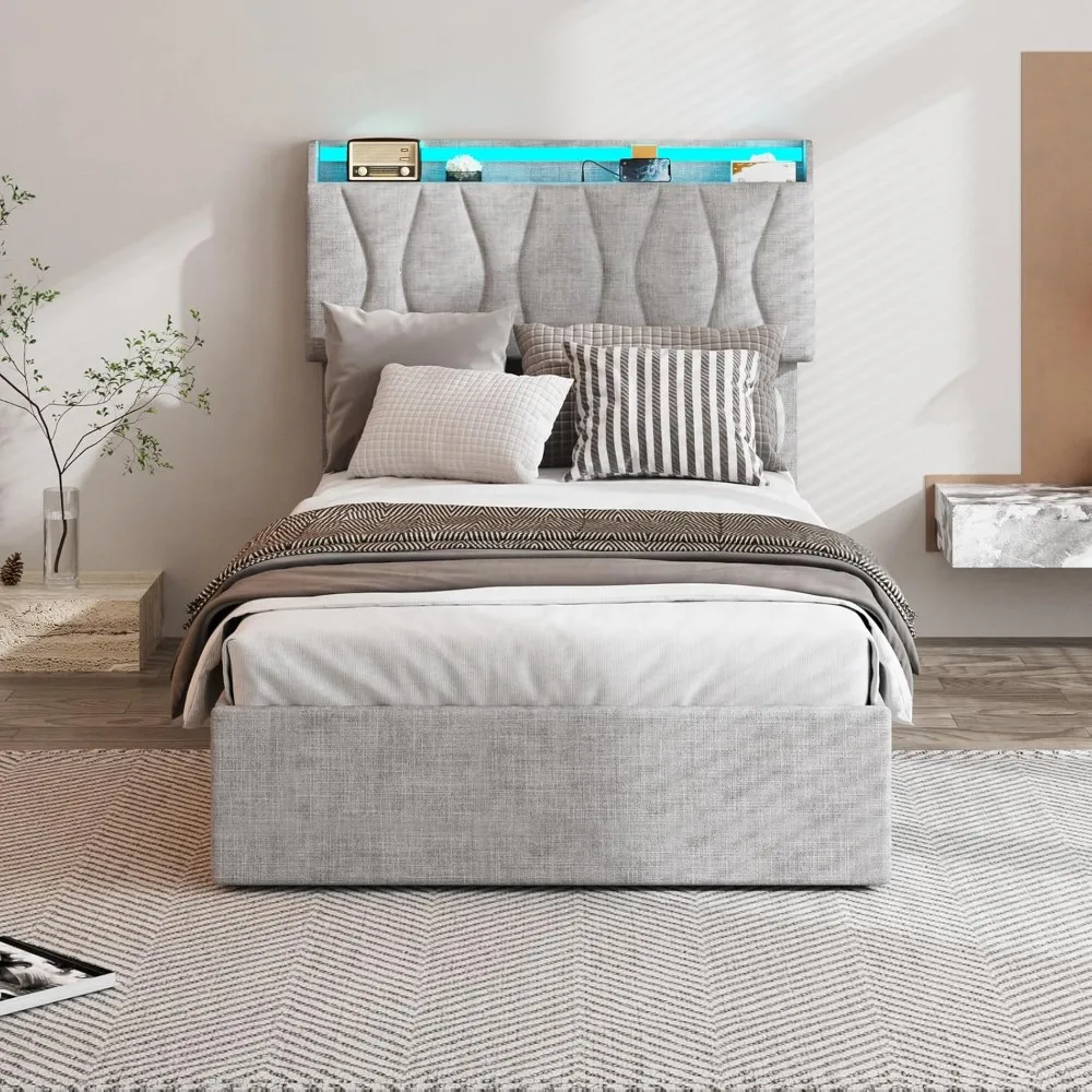 إطار سرير تخزين قابل للرفع مع لوح رأسي قابل للتعديل، محطة شحن، أضواء LED، شرائح خشبية، خالية من الضوضاء، بدون صندوق زنبركي