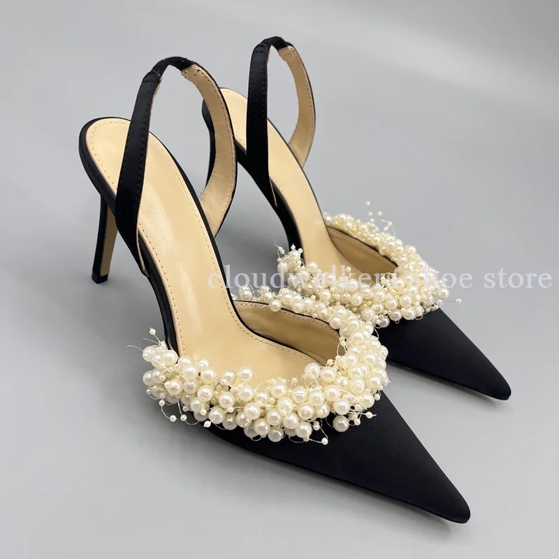 Graceful White Pearl String Bead Silk Satin Point Toe Sandal Slingback Back Strap Stiletto Sandal New Design Sense Wedding Shoes