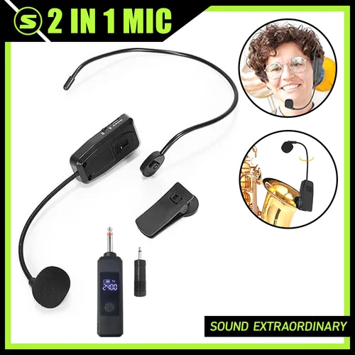 Micrófono inalámbrico de mano montado en la cabeza, sistema receptor y transmisor con Clip para instrumento Musical, micrófono de saxofón recargable